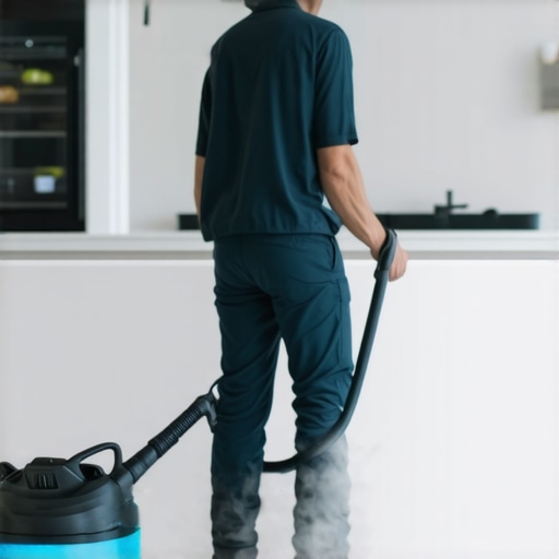Professional cleaner using steam cleaner in kitchen and bathroom