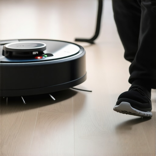 Professional cleaner using advanced cleaning tools like robotic vacuum and steam cleaner in a modern home.