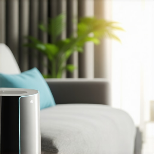 Stylish living room with freshly cleaned upholstery and air purifier for healthy living.