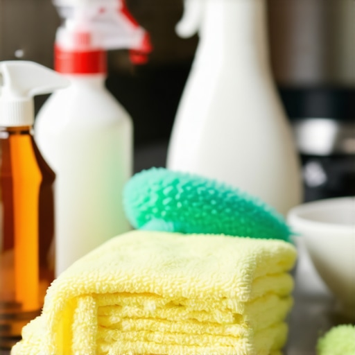 Eco-friendly cleaning products and microfiber cloths on a kitchen counter