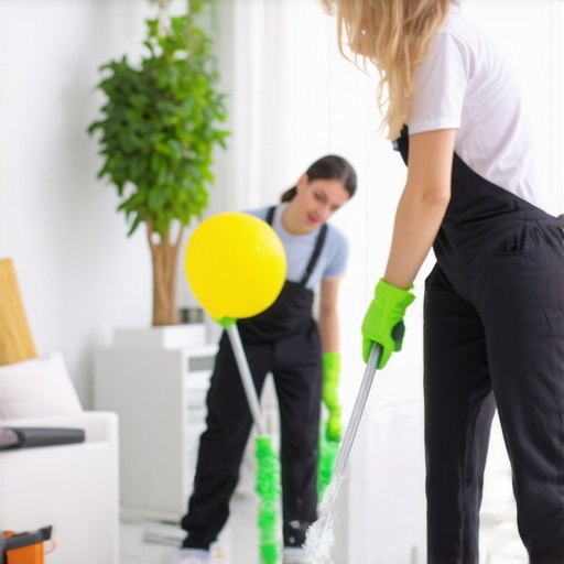 Professional cleaners using eco-friendly tools in a modern apartment to prepare for move-out.