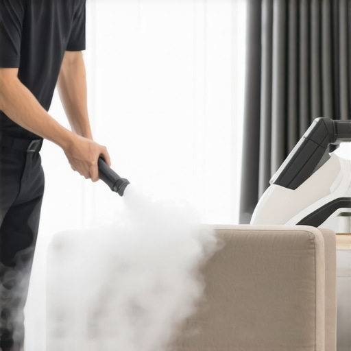 Technician cleaning fabric sofa with steam cleaner in a bright living room
