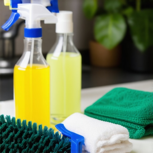A selection of eco-friendly disinfectants, microfiber cloths, and natural cleaning sprays on a bright kitchen counter