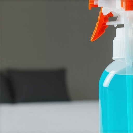 Disinfectant spray on a door handle in a clean, modern home