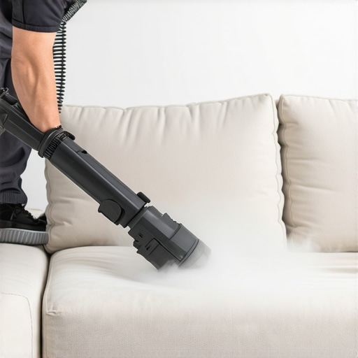 Professional cleaning a sofa with steam cleaner in a modern home setting.