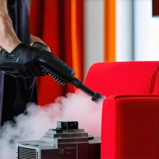 Professional cleaner sanitizing upholstery with steam equipment in a modern living room