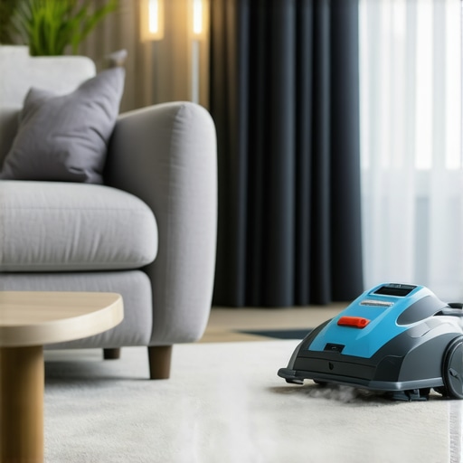 Technician using steam cleaner on upholstery and carpets in a modern home