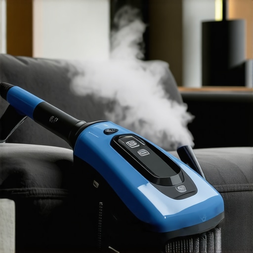 State-of-the-art steam cleaner sanitizing fabric in a contemporary home environment
