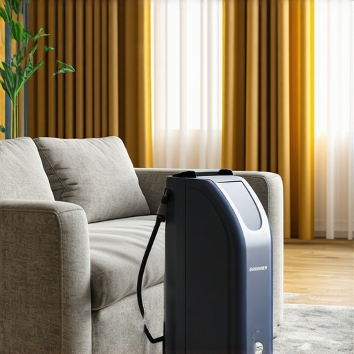 Professional ozone generator cleaning sofa in contemporary living room