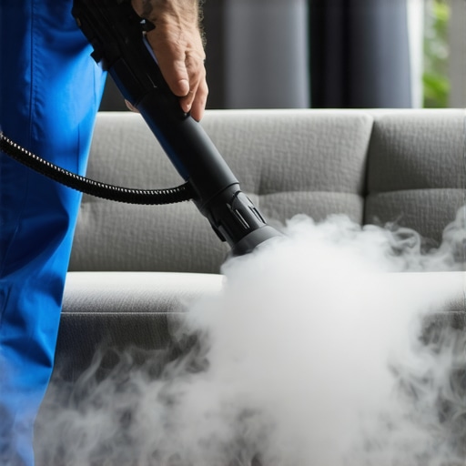 A professional steam cleaner sanitizing a fabric sofa in a modern living room