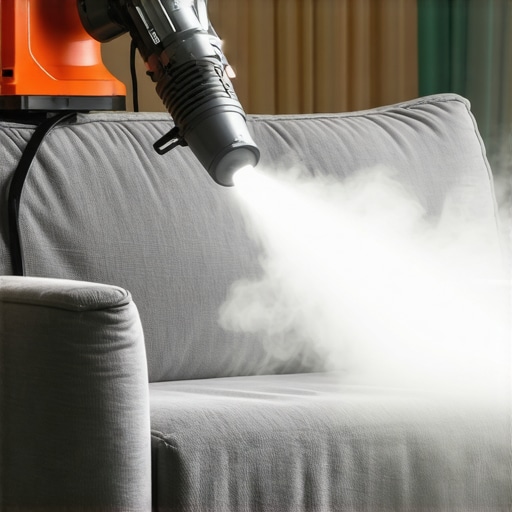Steam cleaner sanitizing fabric sofa during professional cleaning