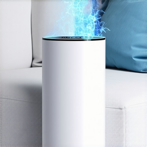 Close-up of UV-C sterilizer dis infecting fabric sofa with ultraviolet light