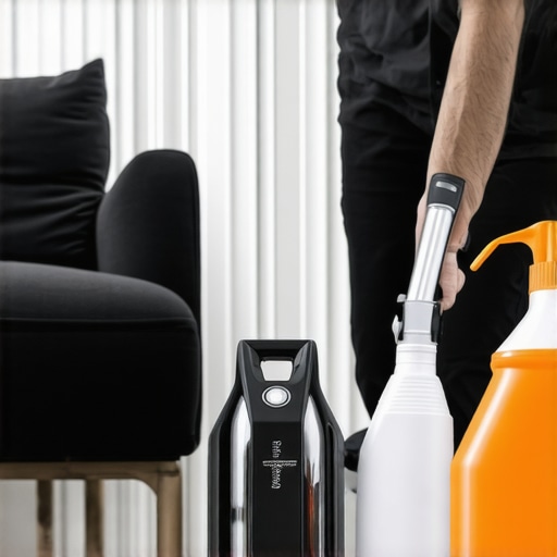 Upholstery cleaning tools, UV sterilizers, eco-friendly disinfectants used in a modern home