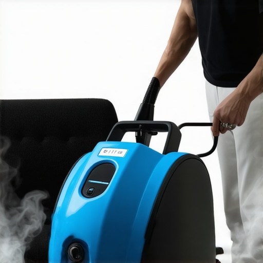 Professional using steam cleaner on upholstery to sanitize fabric thoroughly.