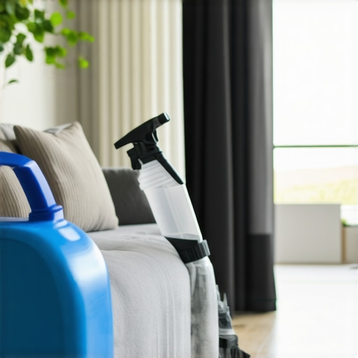 Professional upholstery cleaning with eco-friendly sanitizing tools in a modern home.
