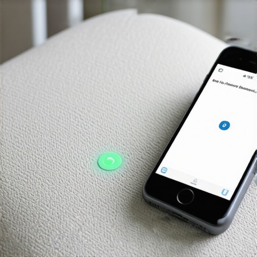 A modern sofa with embedded sensors connected to a smartphone app showing cleanliness data.