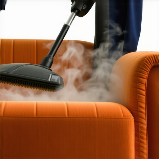 Technician cleaning upholstery with steam cleaner and eco-friendly products
