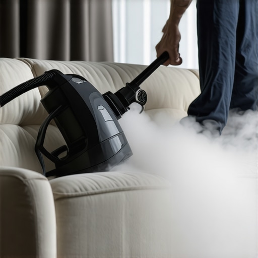 Steam cleaner sanitizing fabric sofa in a modern living room