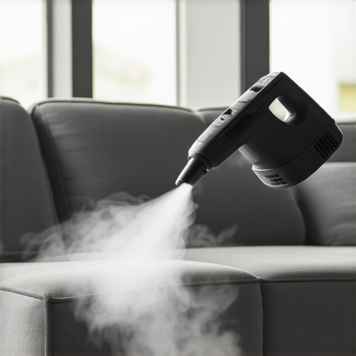A person using a modern steam cleaner on a fabric sofa, demonstrating upholstery cleaning technology.