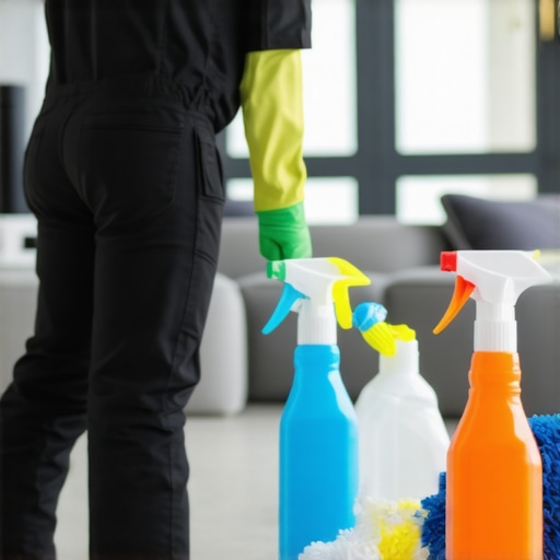 Professional cleaner using disinfectants and cleaning tools in a modern apartment