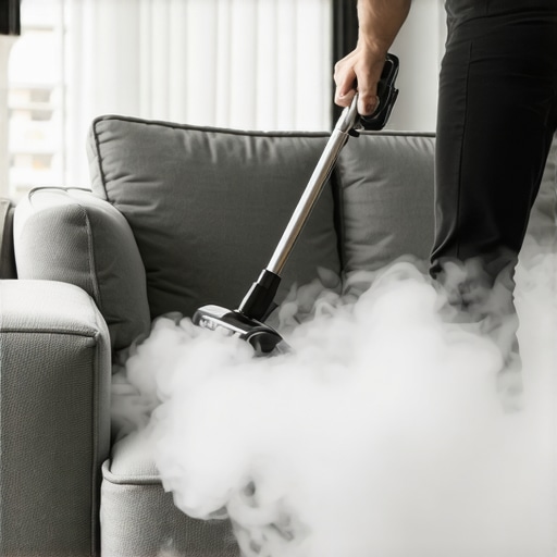Person steam cleaning fabric sofa in living room