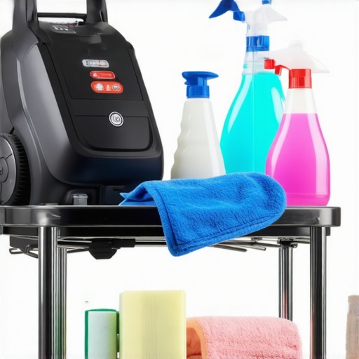 Steam cleaner, microfiber cloths, and disinfectant sprays ready for use in home cleaning