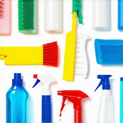 A well-organized cleaning toolkit with microfiber cloths, spray bottles, and vacuum cleaner.