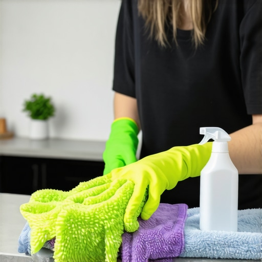 Cleaner sanitizing kitchen surfaces with microfiber cloths and eco-friendly products