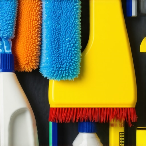 Cleaning supplies and equipment for move-out sanitation, including disinfectants, microfiber cloths, and vacuum cleaners.