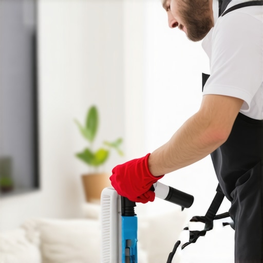 Cleaner sanitizing a contemporary living room with modern equipment