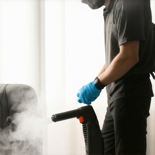 Professional cleaner sanitizing a contemporary home using steam cleaner and microfiber cloths