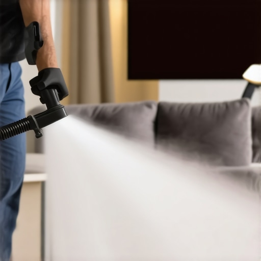 Professional steam cleaner sanitizing upholstery in a modern home setting.