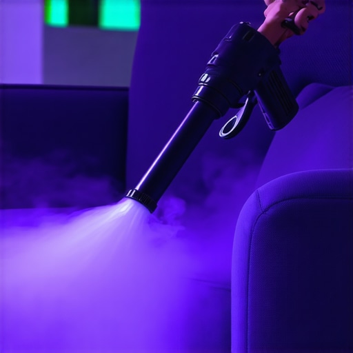 Professional steam cleaner sanitizing fabric sofa in modern living room