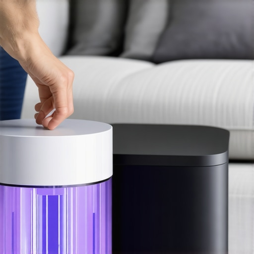 Advanced Home Sterilization Tool in Action A person operating a robotic UV sterilizer in a modern living room to demonstrate innovative sanitizing technology.