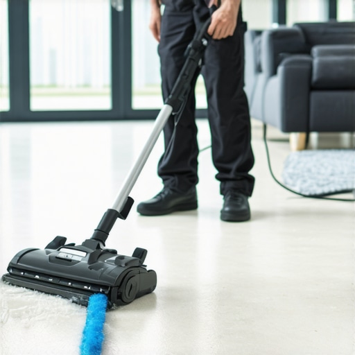 Person steam cleaning a carpet in a bright modern apartment.