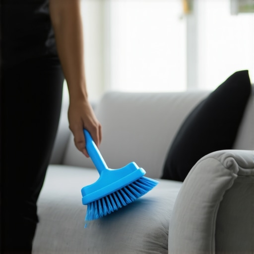 Person carefully cleaning fabric sofa with cleaning tools