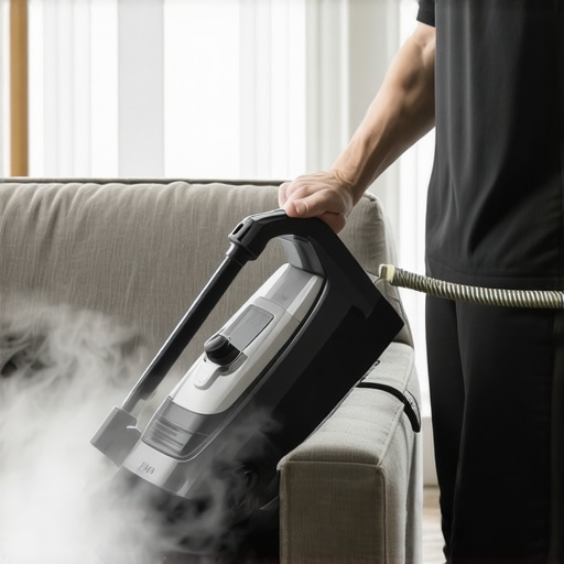 Person cleaning sofa upholstery with a steam cleaner to sanitize fabrics.