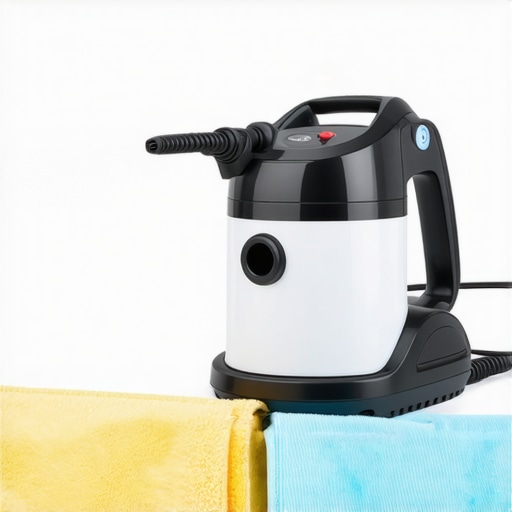 Effective Sanitizing Tools for Home Hygiene Steam cleaner and microfiber cloths used for upholstery sanitizing in a modern home