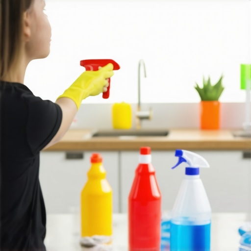 Cleaner disinfecting kitchen surfaces with spray and cloth