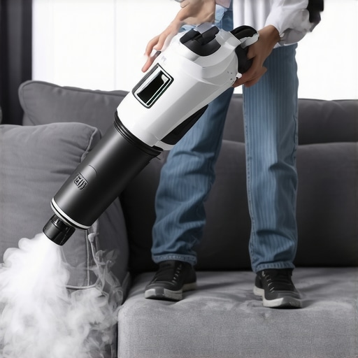 Steam cleaner steam cleaning a fabric sofa for deep sanitation.