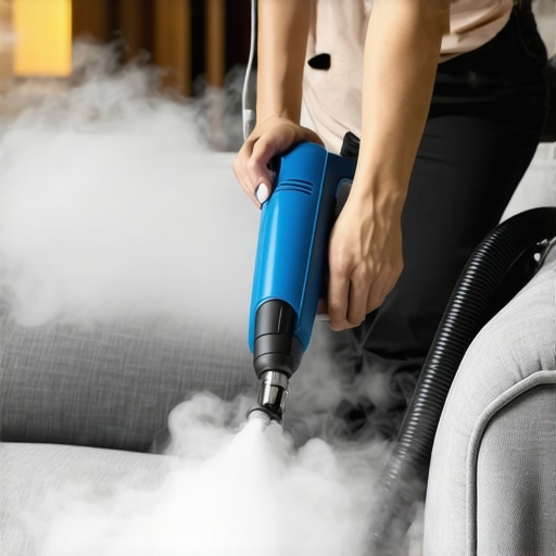 Person steam cleaning a fabric sofa to remove germs and stains.