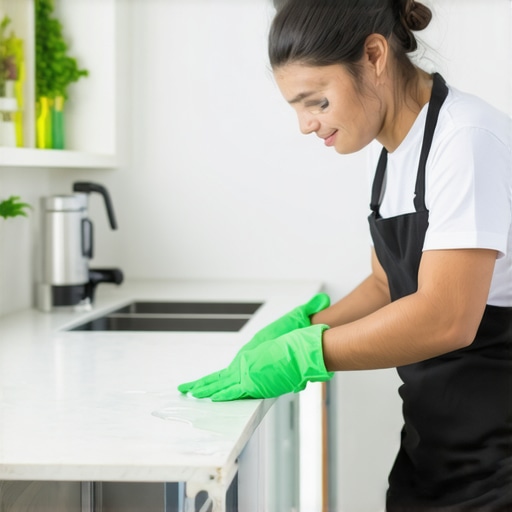 Cleaner disinfecting a sleek kitchen surface with eco-friendly products.