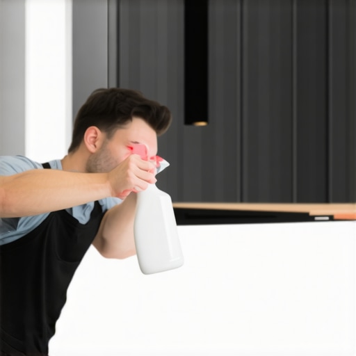 A cleaner disinfecting kitchen surfaces with a spray bottle