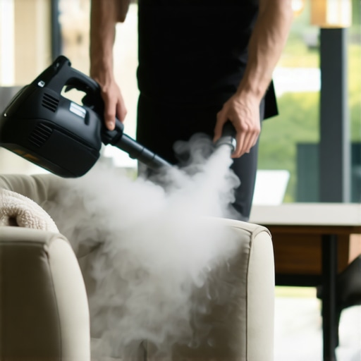 Person disinfecting sofa with steam cleaner in bright living room