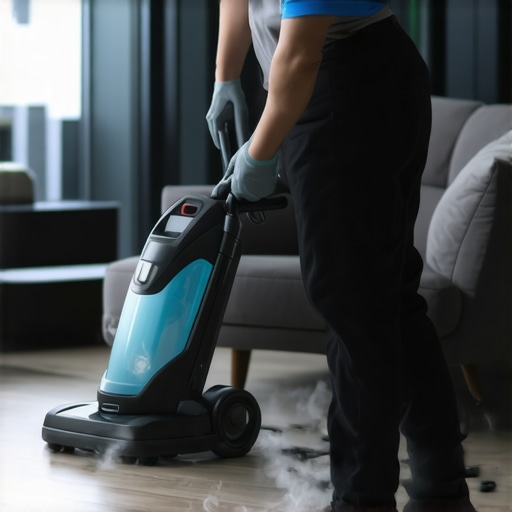 Person using a steam cleaner on sofa fabric in a bright living room.