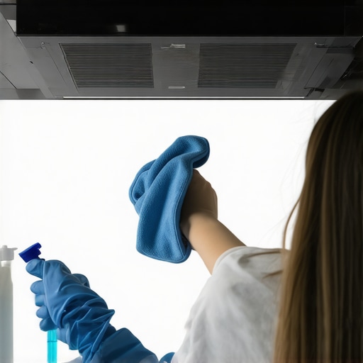 Person wiping down a contemporary kitchen range hood with cleaning cloth.