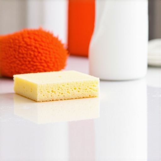 Person scrubbing a kitchen countertop with sponge and disinfectant spray.