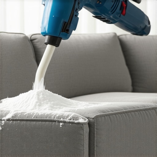 Applying dry cleaning powder to a sofa with a soft brush in a bright room.