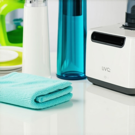 Effective Home Sanitization Tools Home cleaning tools including microfiber cloths, UV-C sanitizer, and steam cleaner laid out on a counter