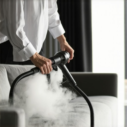 Person steaming a sofa with a portable steam cleaner in a bright living room.
